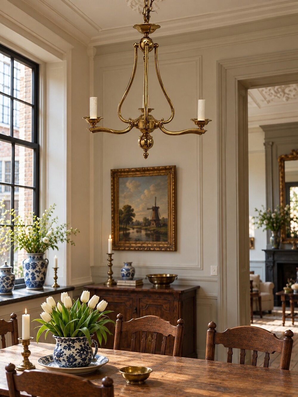 H.A. Framburg 3-Light Brass Dutch Style Dining Chandelier Candle Style Fixture - Picture 7 of 7